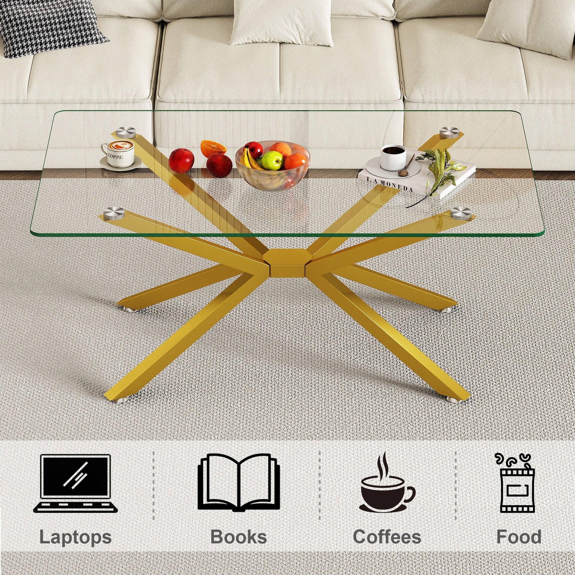 39.37" Rectangular Clear Tempered Glass Coffee Table,Stylish Design with Gold Metal Legs, Coffee Table for Living Room