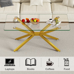 39.37" Rectangular Clear Tempered Glass Coffee Table,Stylish Design with Gold Metal Legs, Coffee Table for Living Room