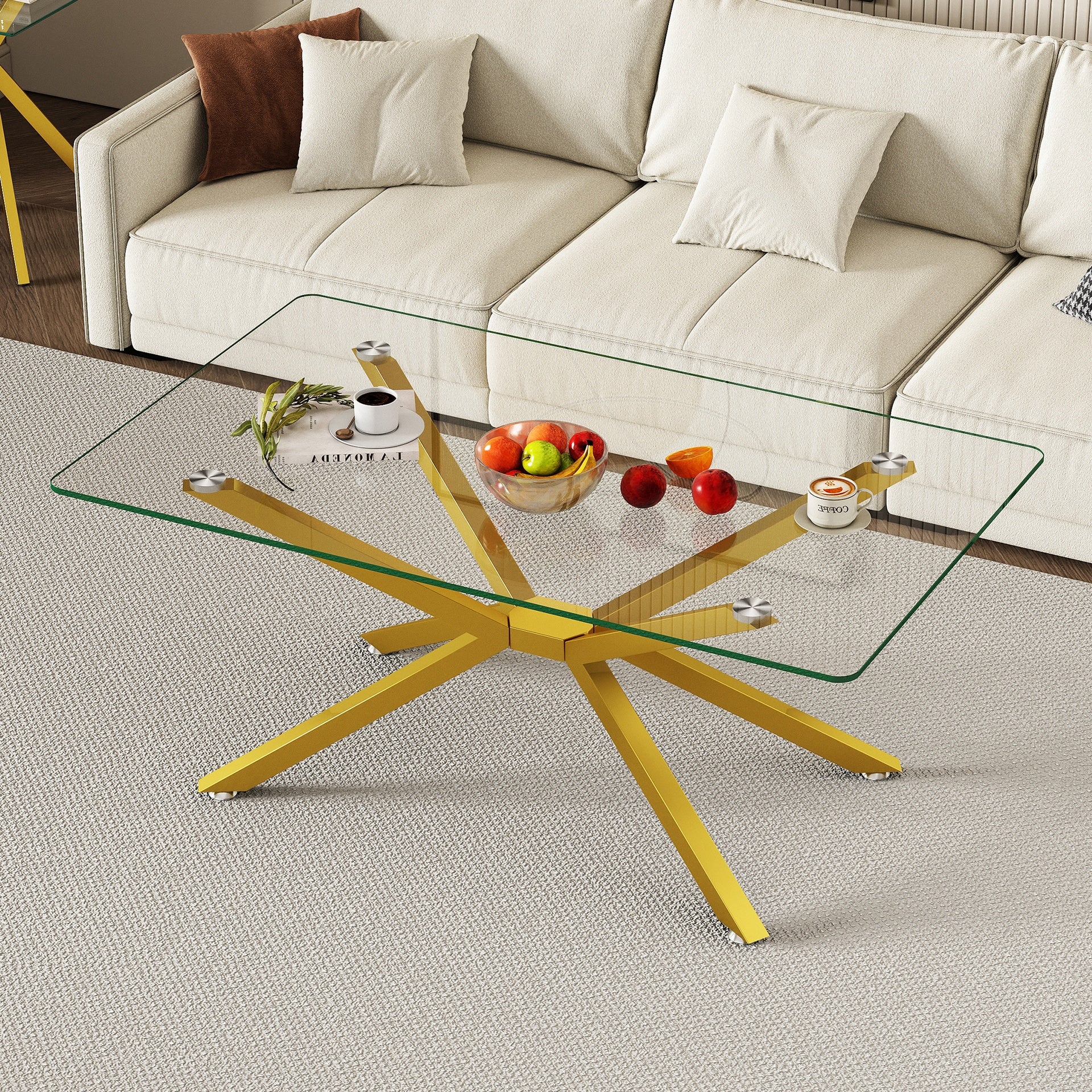 39.37" Rectangular Clear Tempered Glass Coffee Table,Stylish Design with Gold Metal Legs, Coffee Table for Living Room