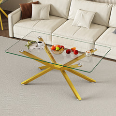 39.37" Rectangular Clear Tempered Glass Coffee Table,Stylish Design with Gold Metal Legs, Coffee Table for Living Room