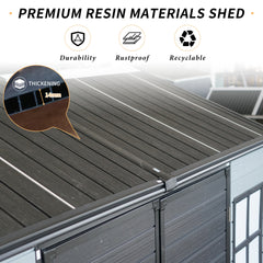 8x4ft Outdoor Resin Garden Shed with Floor and 2 Windows, Plastic Patio Outdoor Storage Shed with Lockable Door for Garden Tools, Bicycles, Trash Cans, Gray+Black