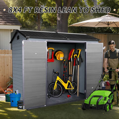 8x4ft Outdoor Resin Garden Shed with Floor and 2 Windows, Plastic Patio Outdoor Storage Shed with Lockable Door for Garden Tools, Bicycles, Trash Cans, Gray+Black