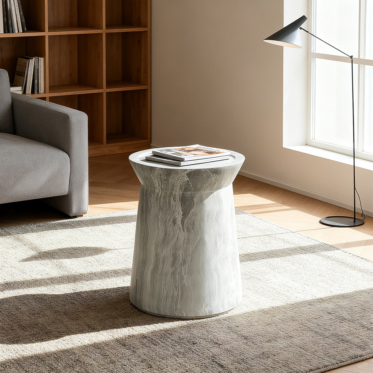 Cement Outdoor End Tables for Patio, GardenAccent Table Faux Terrazzo Accent Table, Modern Small Round Side Tablefor Outside, Tree Stump Garden Stool DrumTable indoor and Outdoor