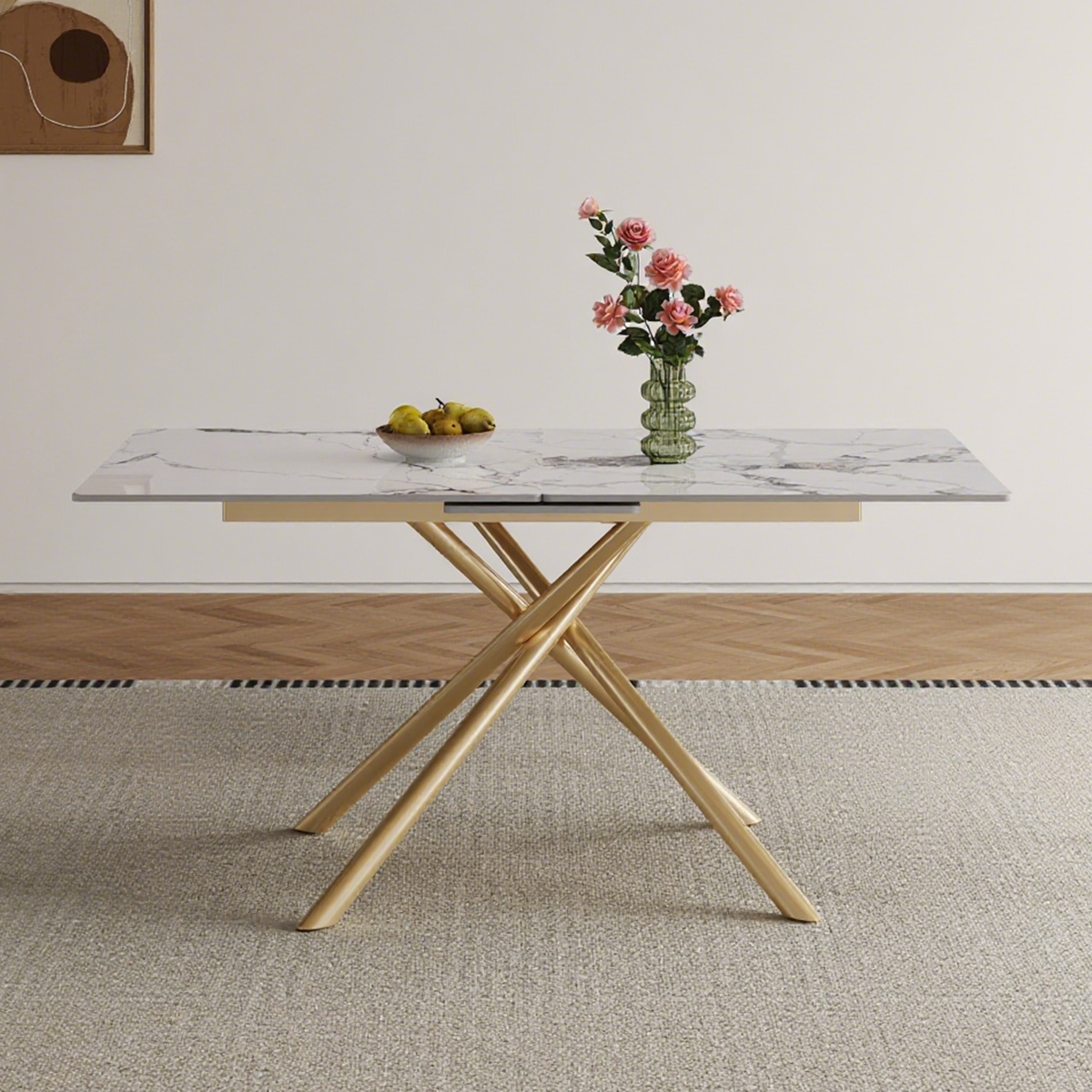 59-inch Modern rectangle Expandable Dining Table with Retractable Leaf, Sintered Stone Top & Golden Carbon Steel X-Base, Sturdy 4-6 Person Table for Small Apartments, Kitchen, Dining Room