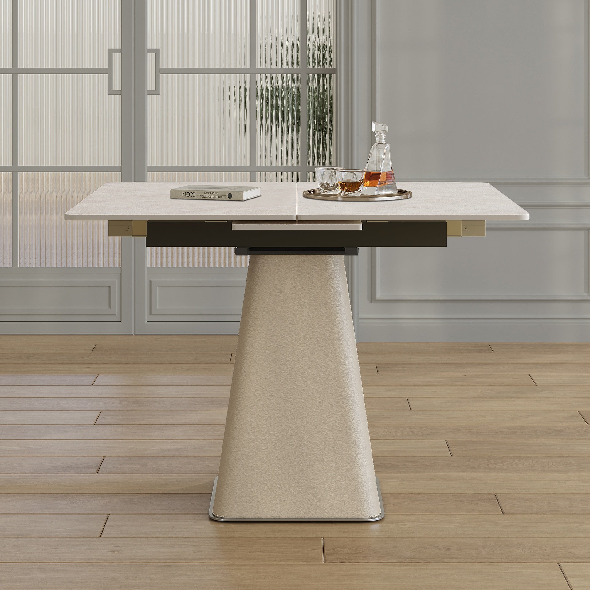 Retractable Rock Slab Folding Dining Table, Modern Square Expandable Table with Leather-Wrapped Stainless Steel Base, Dual-Purpose Space Saving Kitchen Table for Small Apartments