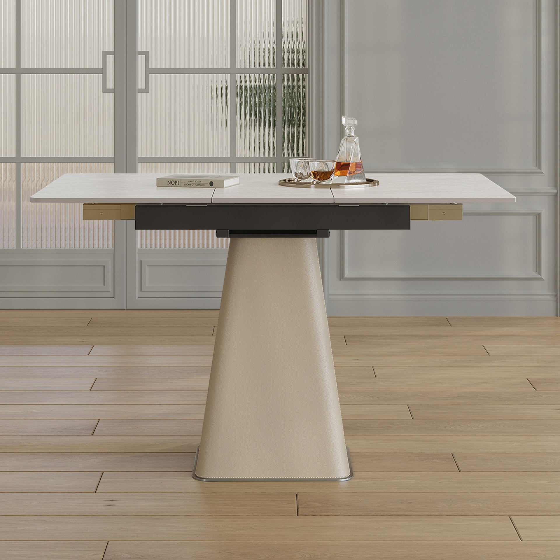 Retractable Rock Slab Folding Dining Table, Modern Square Expandable Table with Leather-Wrapped Stainless Steel Base, Dual-Purpose Space Saving Kitchen Table for Small Apartments