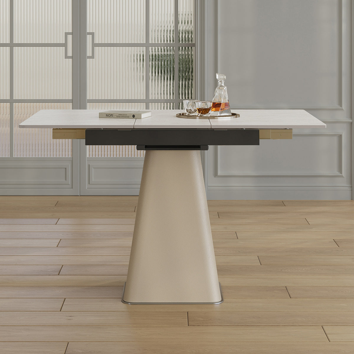 Retractable Rock Slab Folding Dining Table, Modern Square Expandable Table with Leather-Wrapped Stainless Steel Base, Dual-Purpose Space Saving Kitchen Table for Small Apartments