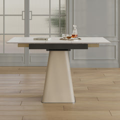 Retractable Rock Slab Folding Dining Table, Modern Square Expandable Table with Leather-Wrapped Stainless Steel Base, Dual-Purpose Space Saving Kitchen Table for Small Apartments