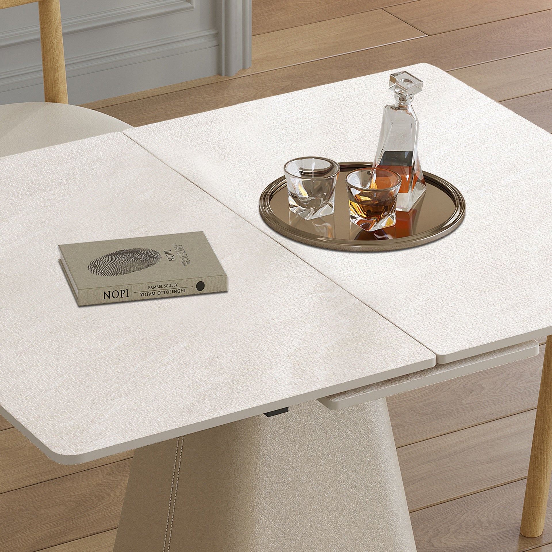 Retractable Rock Slab Folding Dining Table, Modern Square Expandable Table with Leather-Wrapped Stainless Steel Base, Dual-Purpose Space Saving Kitchen Table for Small Apartments