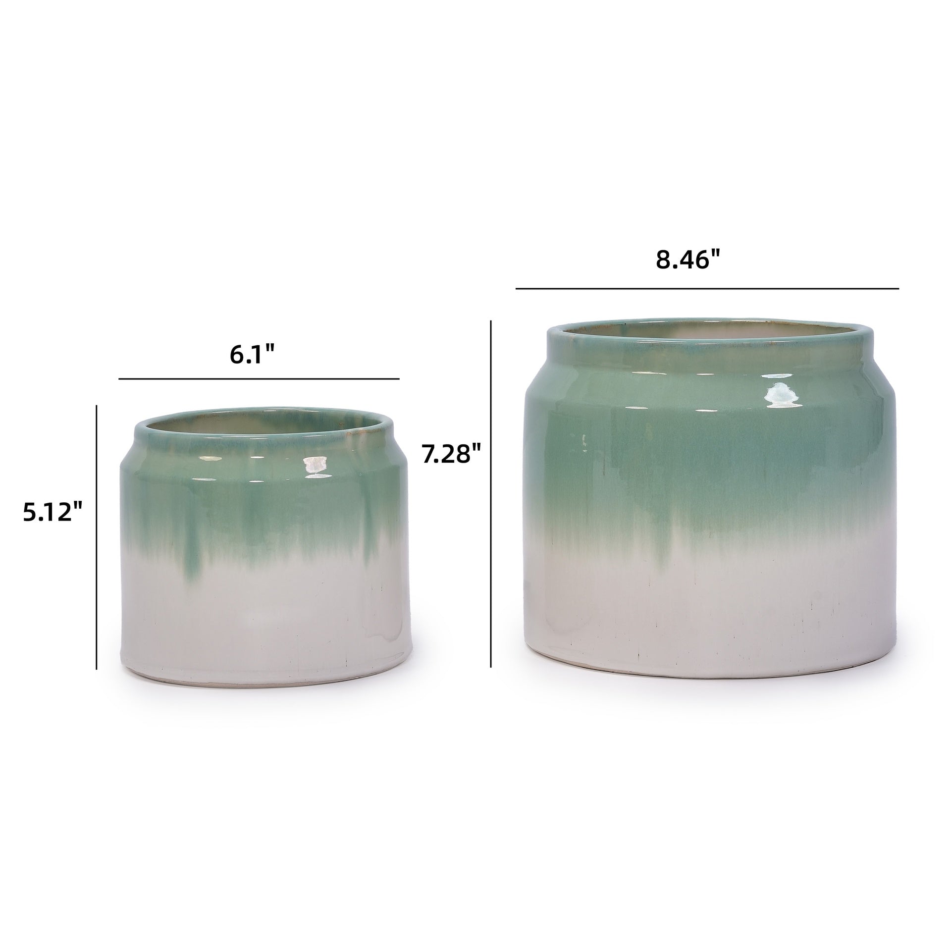 Handmade Ceramic Planter Set of 2, 8.5" & 6" Diameter, Green-White Ombre Glaze, for Aquatic Plants Indoor/Outdoor Shelf & Table Use, Non-Porous & Breathable Clay