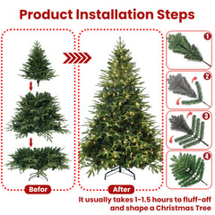 7.5ft Pre-Lit Artificial Christmas Tree with 650 Warm White Incandescent Lights, 3135 Tips, PE+PVC Hinged Pine with Partial Memory Wire Branches, Foldable Metal Stand for Holiday Decoration