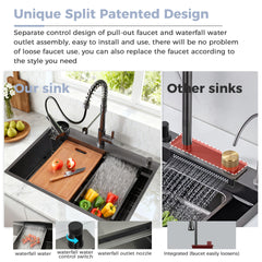 33 Inch Gunmetal Black Waterfall Kitchen Sink with Pull Out Faucet Combo, Workstation Smart Black Drop-in Sink PVD nano, Modern Single Bowl Waterfall Stainless Steel with Various Accessories