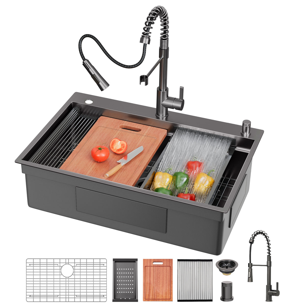 33 Inch Gunmetal Black Waterfall Kitchen Sink with Pull Out Faucet Combo, Workstation Smart Black Drop-in Sink PVD nano, Modern Single Bowl Waterfall Stainless Steel with Various Accessories