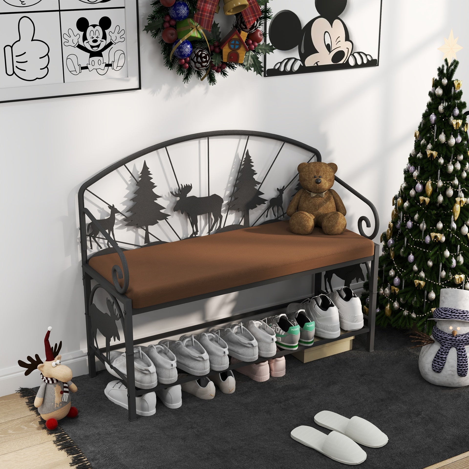 Shoe Rack Bench for Entryway, Industrial Bench, Rustic Shoe Rack for Small Spaces, Upholstered Entryway Bench, Multipurpose Entryway