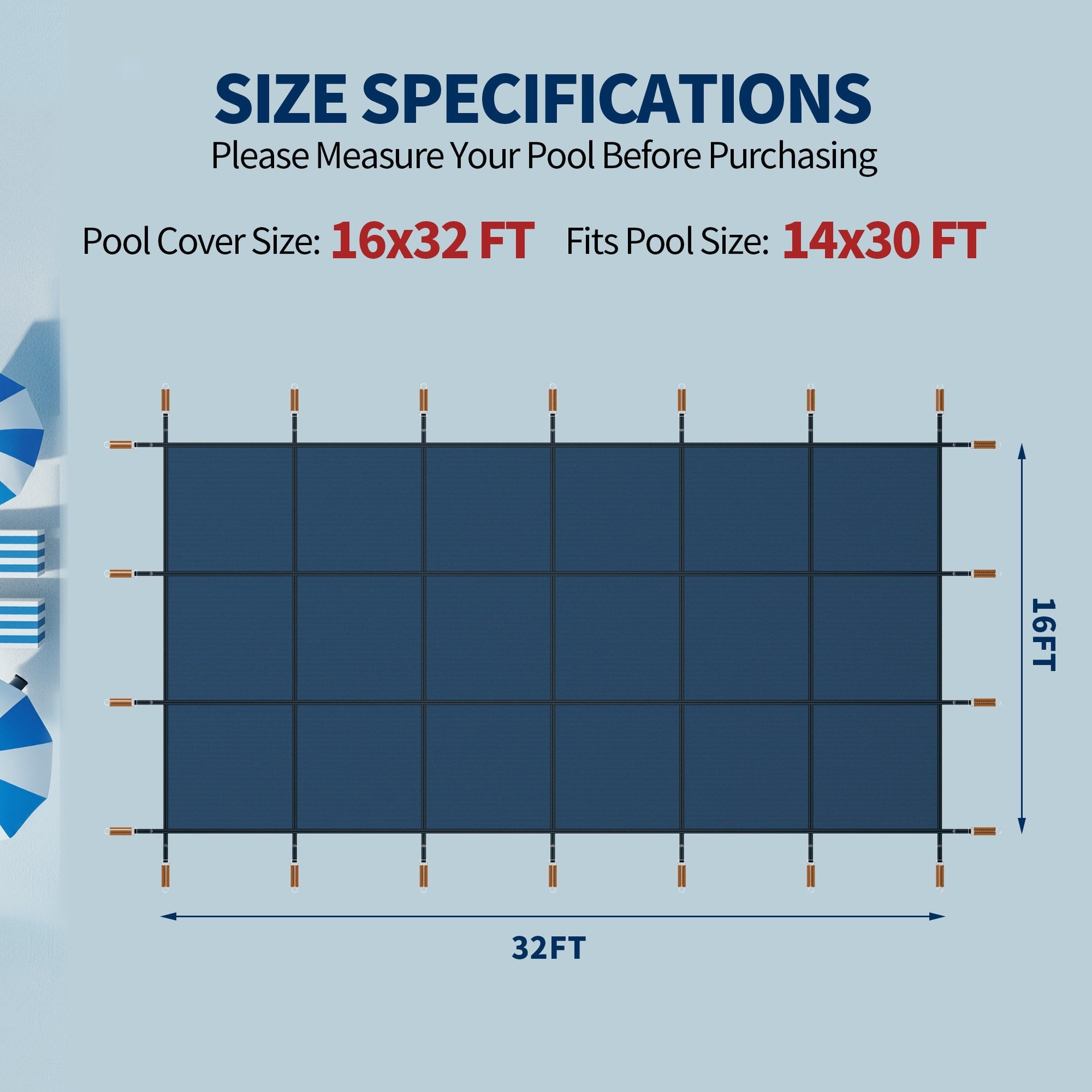 Swimming Pool Safety Cover, Fits 16x32ft Rectangular underground and Inground Swimming Pools, Triple Stitched High Strength Mesh PP Abrasion Resistant  Installation Hardware Included,Blue Mesh