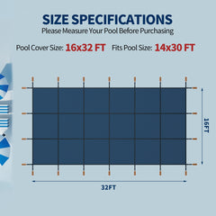 Swimming Pool Safety Cover, Fits 16x32ft Rectangular underground and Inground Swimming Pools, Triple Stitched High Strength Mesh PP Abrasion Resistant  Installation Hardware Included,Blue Mesh