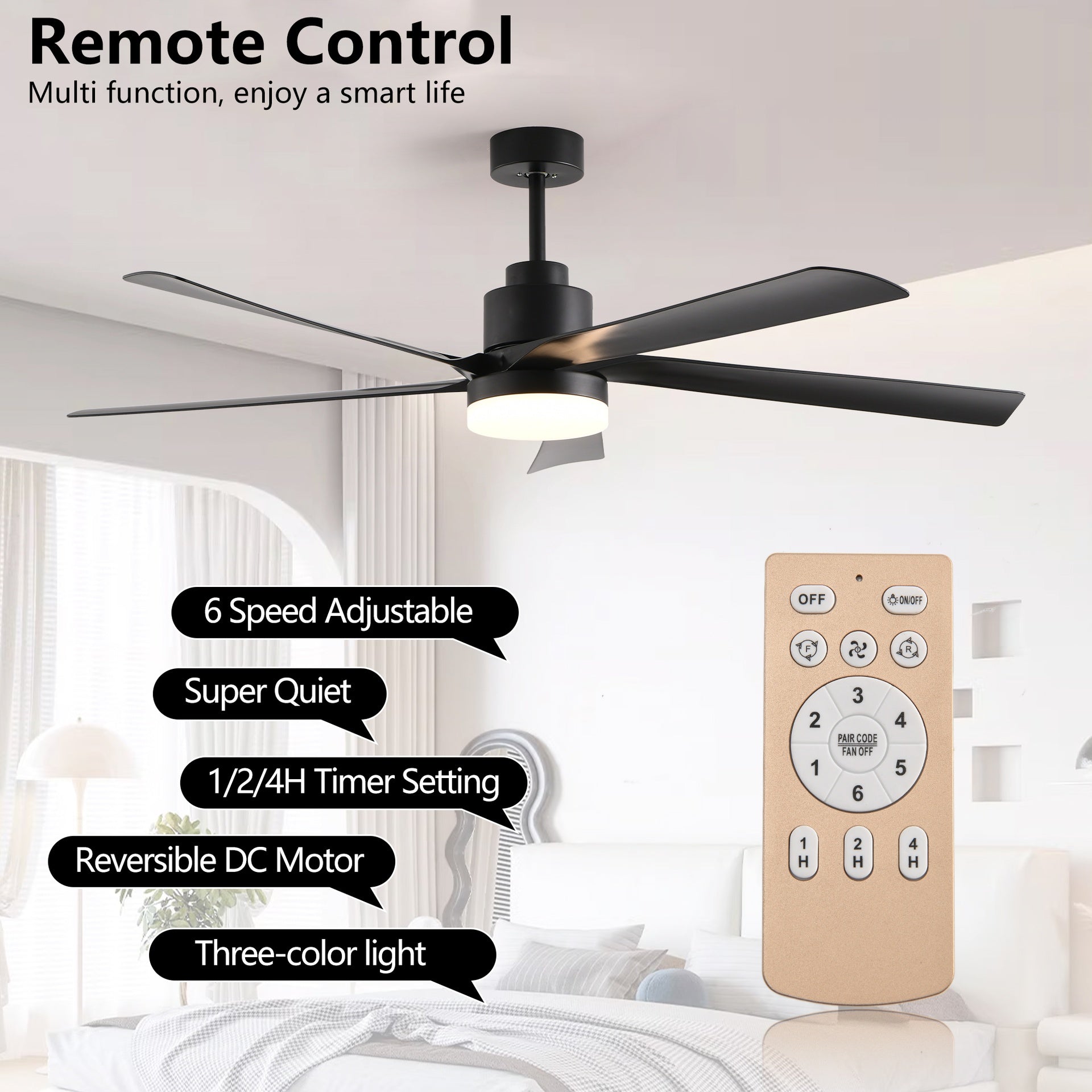 65 Inch Black Ceiling Fan with Light, 5-Blade Dimmable LED Ceiling Fan with Remote Control, Modern Quiet Design for Living Room and Bedroom (Silent/6-Speed/Reversible/DC Motor)