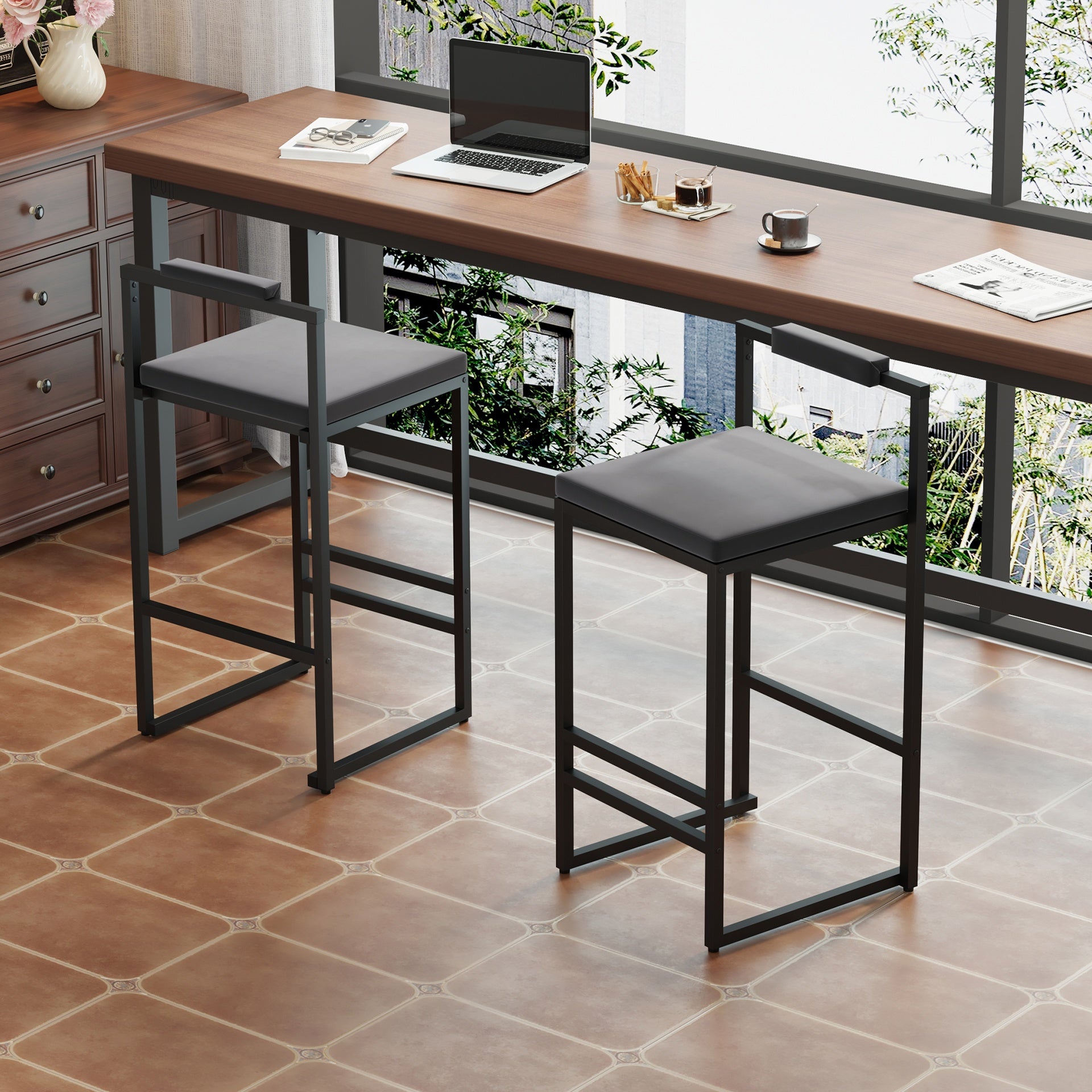 Bar Stools Upholstered Velvet Counter Height Barstools for Kitchen Island Set of 2 Modern Dining Chairs with Footrest & Backrest (Black & Gray)