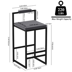Bar Stools Upholstered Velvet Counter Height Barstools for Kitchen Island Set of 2 Modern Dining Chairs with Footrest & Backrest (Black & Gray)