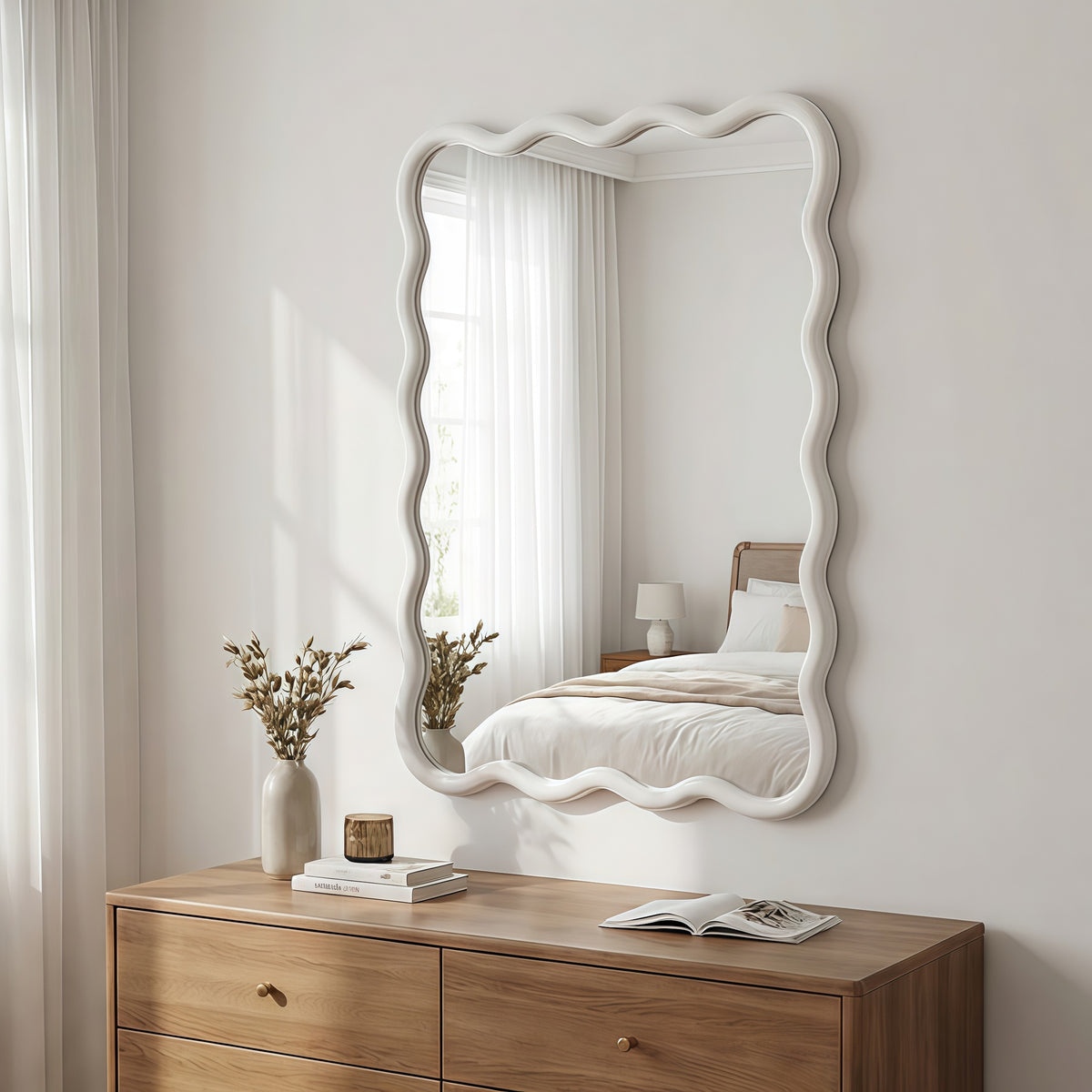 White 20"x30" Wavy Rectangle Solid Wood Frame Decorative Mirror,For Bedroom, Bathroom, Living Room, Entryway