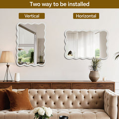 White 20"x30" Wavy Rectangle Solid Wood Frame Decorative Mirror,For Bedroom, Bathroom, Living Room, Entryway