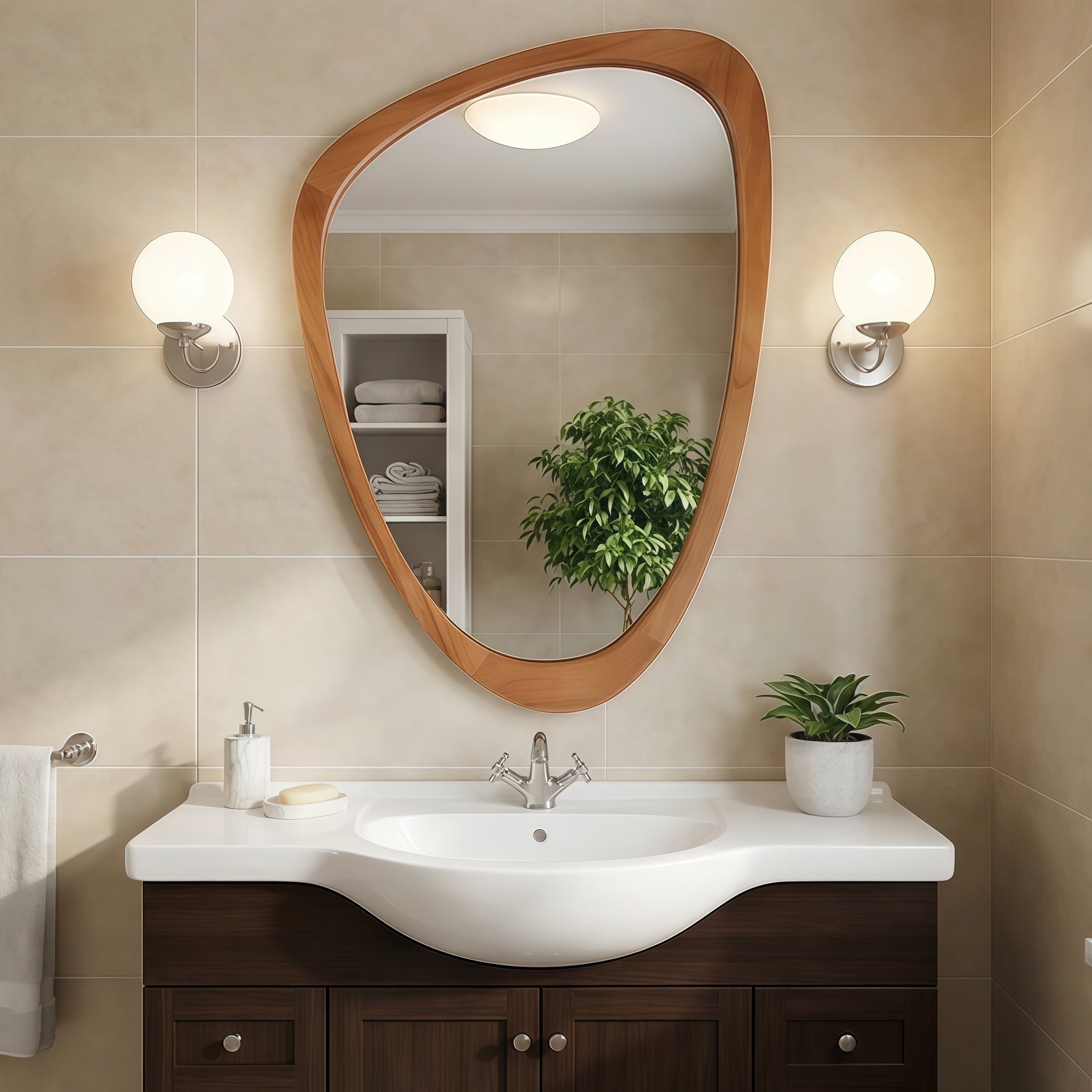 Yellowish Brown 24"x36" Irregular Solid Wood Frame Decorative Mirror,For Bedroom, Bathroom, Living Room, Entryway