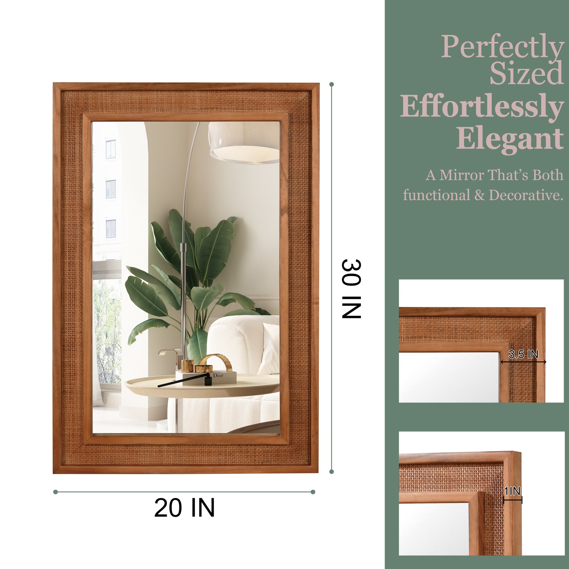 Yellowish Brown 20"x30" Rattan Rectangle Solid Wood Frame Decorative Mirror,For Farmhouse,Bathroom,Home Decor,Entryway