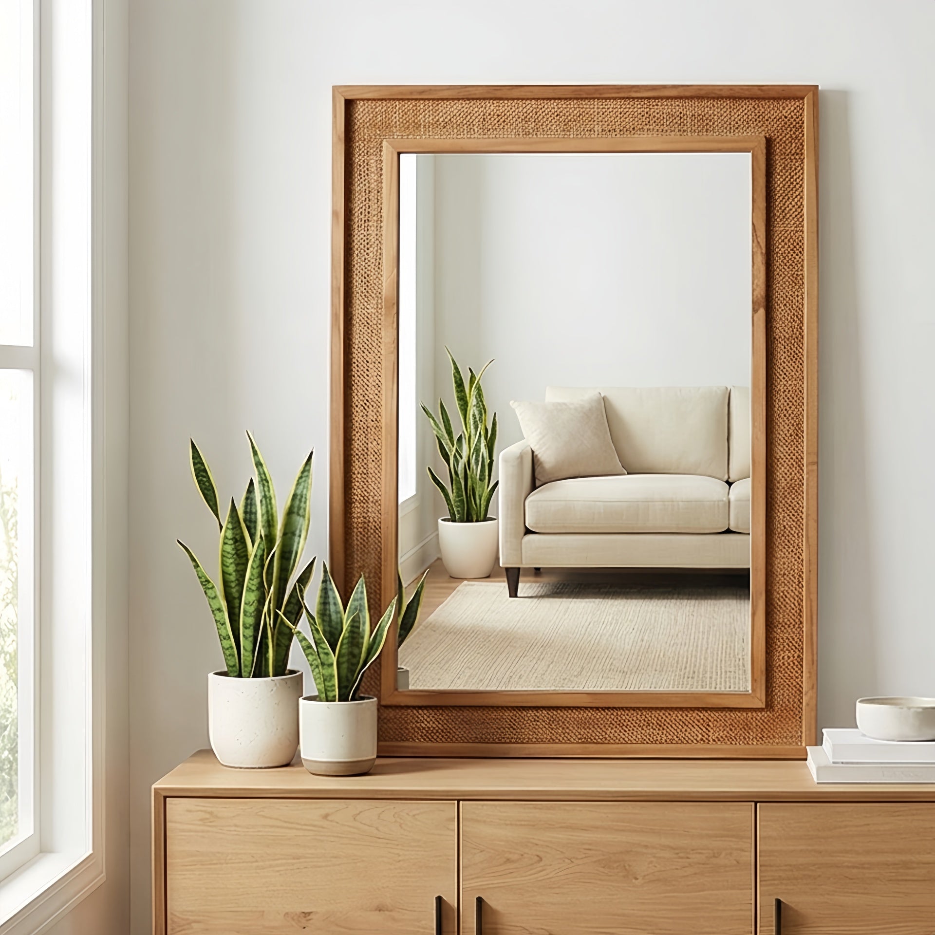 Yellowish Brown 20"x30" Rattan Rectangle Solid Wood Frame Decorative Mirror,For Farmhouse,Bathroom,Home Decor,Entryway