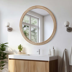 Round Decorative Wall Mirror with Woven Rattan-Textured Frame (23.62"), Rustic Modern Accent Mirror for Bathroom/Vanity/Living Room (Easy Wall-Mount Design)