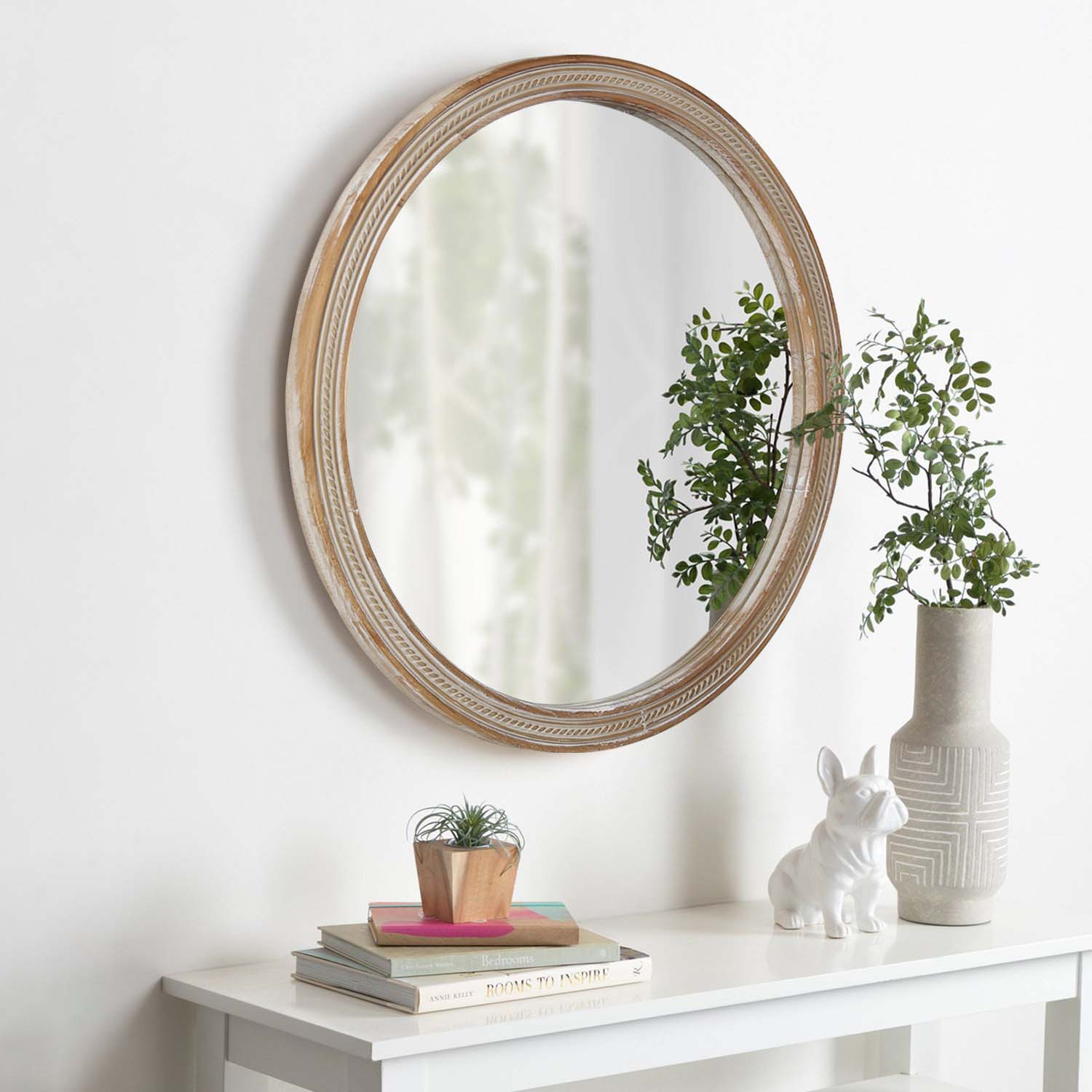 Round Decorative Wall Mirror with Woven Rattan-Textured Frame (23.62"), Rustic Modern Accent Mirror for Bathroom/Vanity/Living Room (Easy Wall-Mount Design)