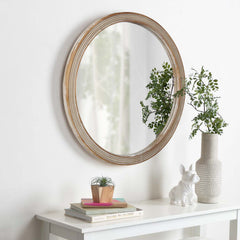 Round Decorative Wall Mirror with Woven Rattan-Textured Frame (23.62"), Rustic Modern Accent Mirror for Bathroom/Vanity/Living Room (Easy Wall-Mount Design)