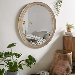Round Decorative Wall Mirror with Woven Rattan-Textured Frame (23.62"), Rustic Modern Accent Mirror for Bathroom/Vanity/Living Room (Easy Wall-Mount Design)