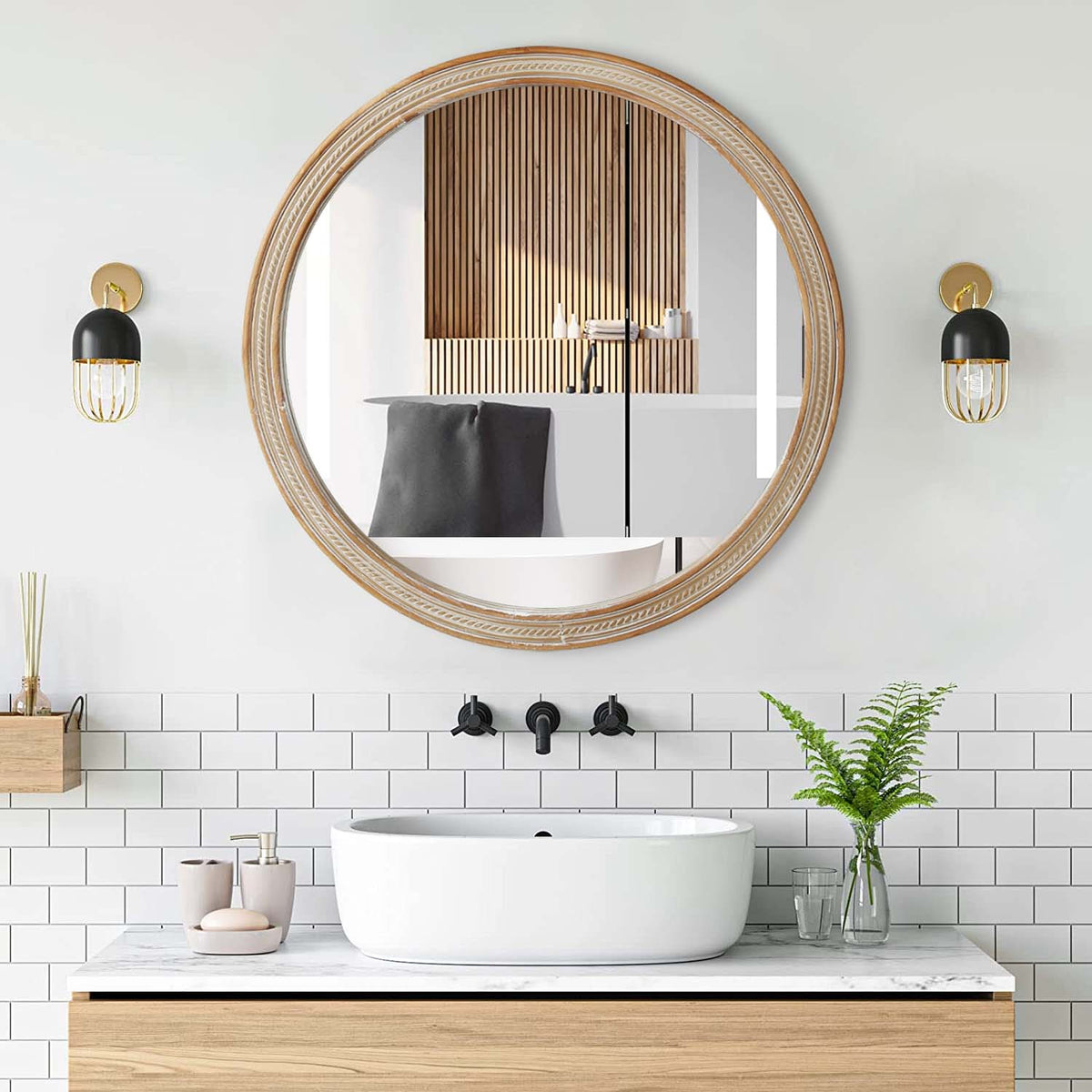 Round Decorative Wall Mirror with Woven Rattan-Textured Frame (23.62"), Rustic Modern Accent Mirror for Bathroom/Vanity/Living Room (Easy Wall-Mount Design)