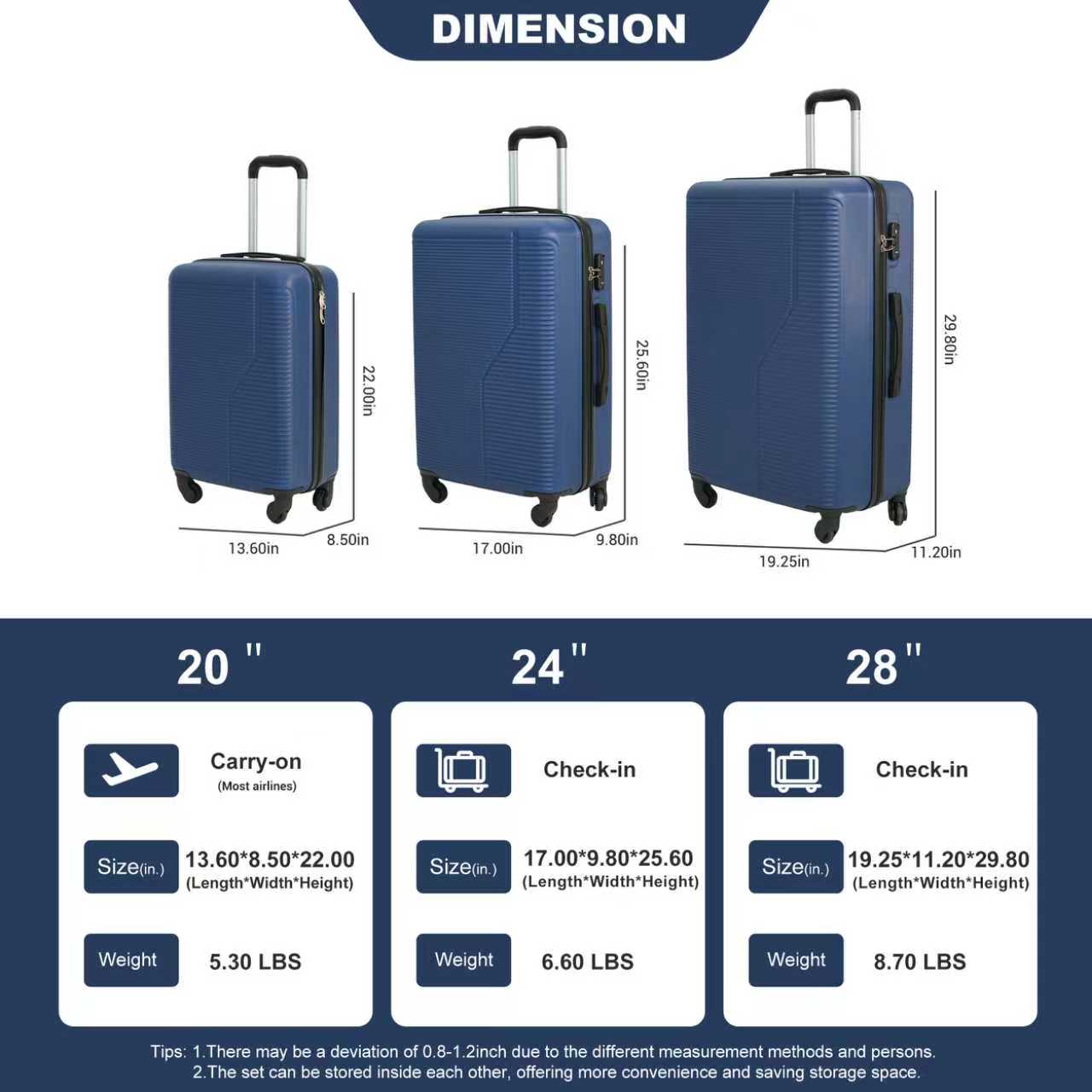 3-Piece Luggage Set ABS Lightweight & Durable Suitcase with Spinner Wheels, TSA Lock, (20/24/28), Dark Blue