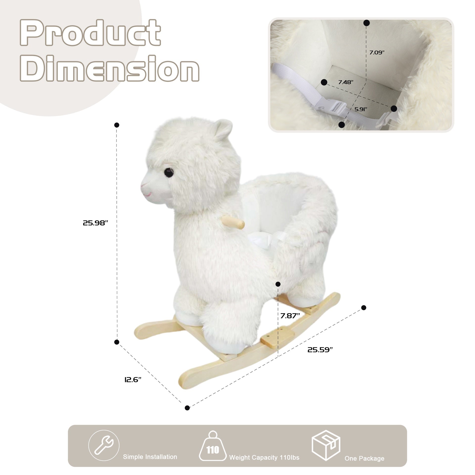 Kids Ride-On Rocking Horse Toy with Lullaby Song,Alpaca Rocking Toy with Hand Puppets and Safety Belt For Children 1-3 Years,Soft Plush Fabric,White,CPC Certified
