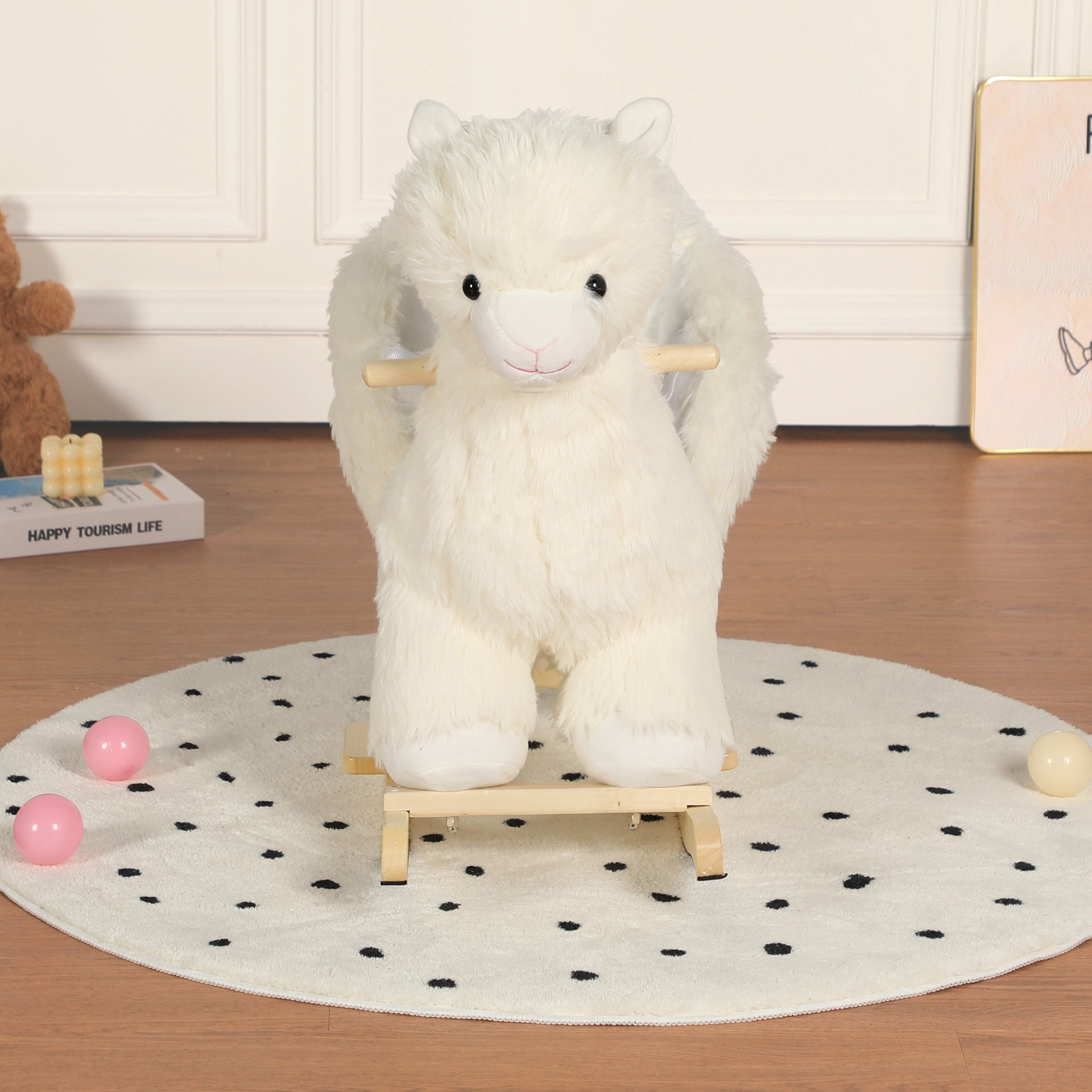 Kids Ride-On Rocking Horse Toy with Lullaby Song,Alpaca Rocking Toy with Hand Puppets and Safety Belt For Children 1-3 Years,Soft Plush Fabric,White,CPC Certified