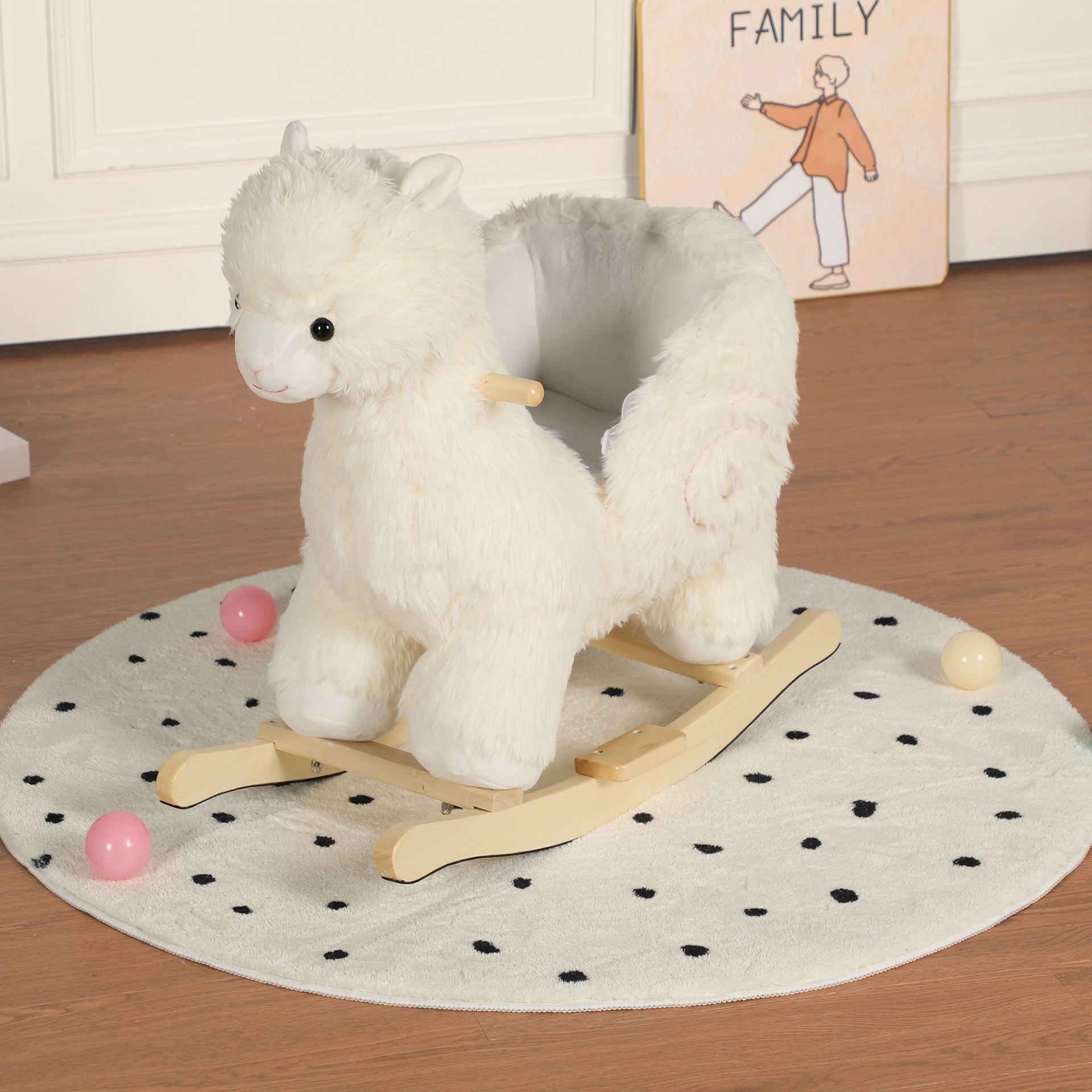 Kids Ride-On Rocking Horse Toy with Lullaby Song,Alpaca Rocking Toy with Hand Puppets and Safety Belt For Children 1-3 Years,Soft Plush Fabric,White,CPC Certified