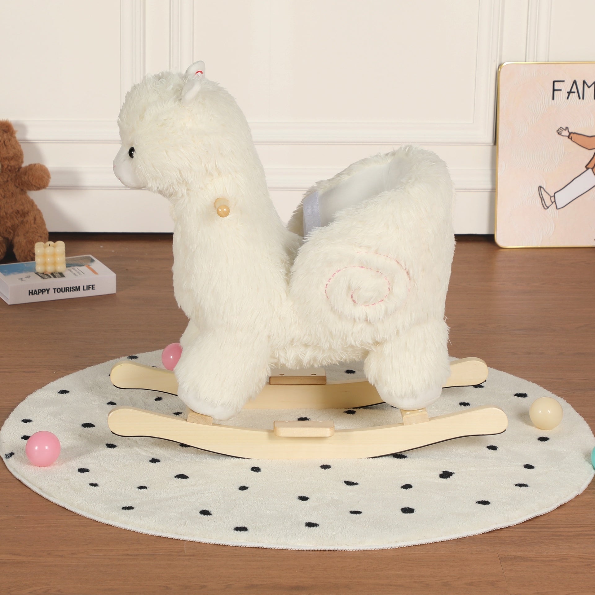 Kids Ride-On Rocking Horse Toy with Lullaby Song,Alpaca Rocking Toy with Hand Puppets and Safety Belt For Children 1-3 Years,Soft Plush Fabric,White,CPC Certified