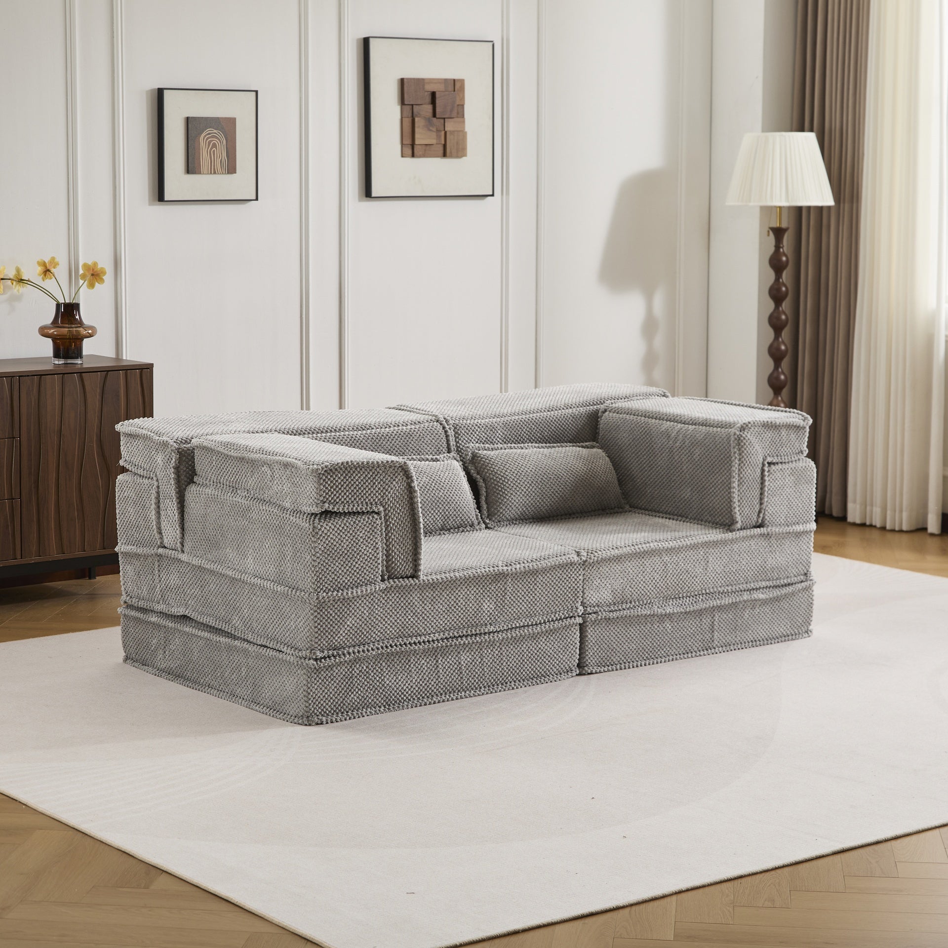 Compression Mahjong Sofa,Convertible Floor Sofa Bed,DIY Boneless Modular Sectional Sofa,No Assembly Required,Circle fleece fabric,Modern Oversized Loveseat,Light Grey