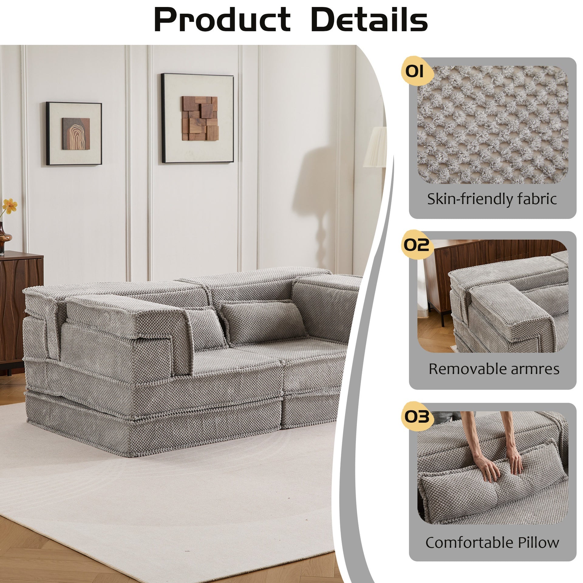Compression Mahjong Sofa,Convertible Floor Sofa Bed,DIY Boneless Modular Sectional Sofa,No Assembly Required,Circle fleece fabric,Modern Oversized Loveseat,Light Grey