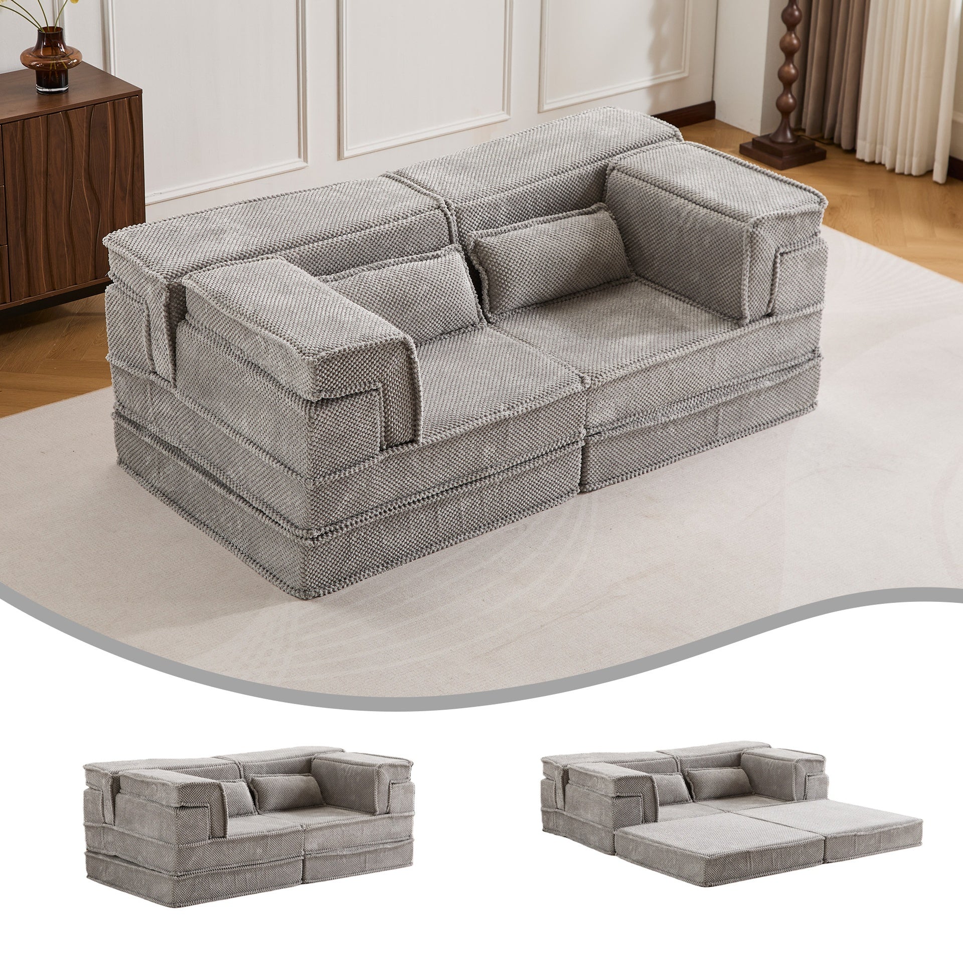Compression Mahjong Sofa,Convertible Floor Sofa Bed,DIY Boneless Modular Sectional Sofa,No Assembly Required,Circle fleece fabric,Modern Oversized Loveseat,Light Grey