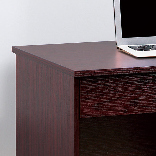 Three locking drawers on metal glides Student Desk Work Desk Modesty Panel Metal Bar Handles Mahogany color