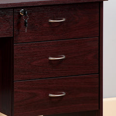 Three locking drawers on metal glides Student Desk Work Desk Modesty Panel Metal Bar Handles Mahogany color