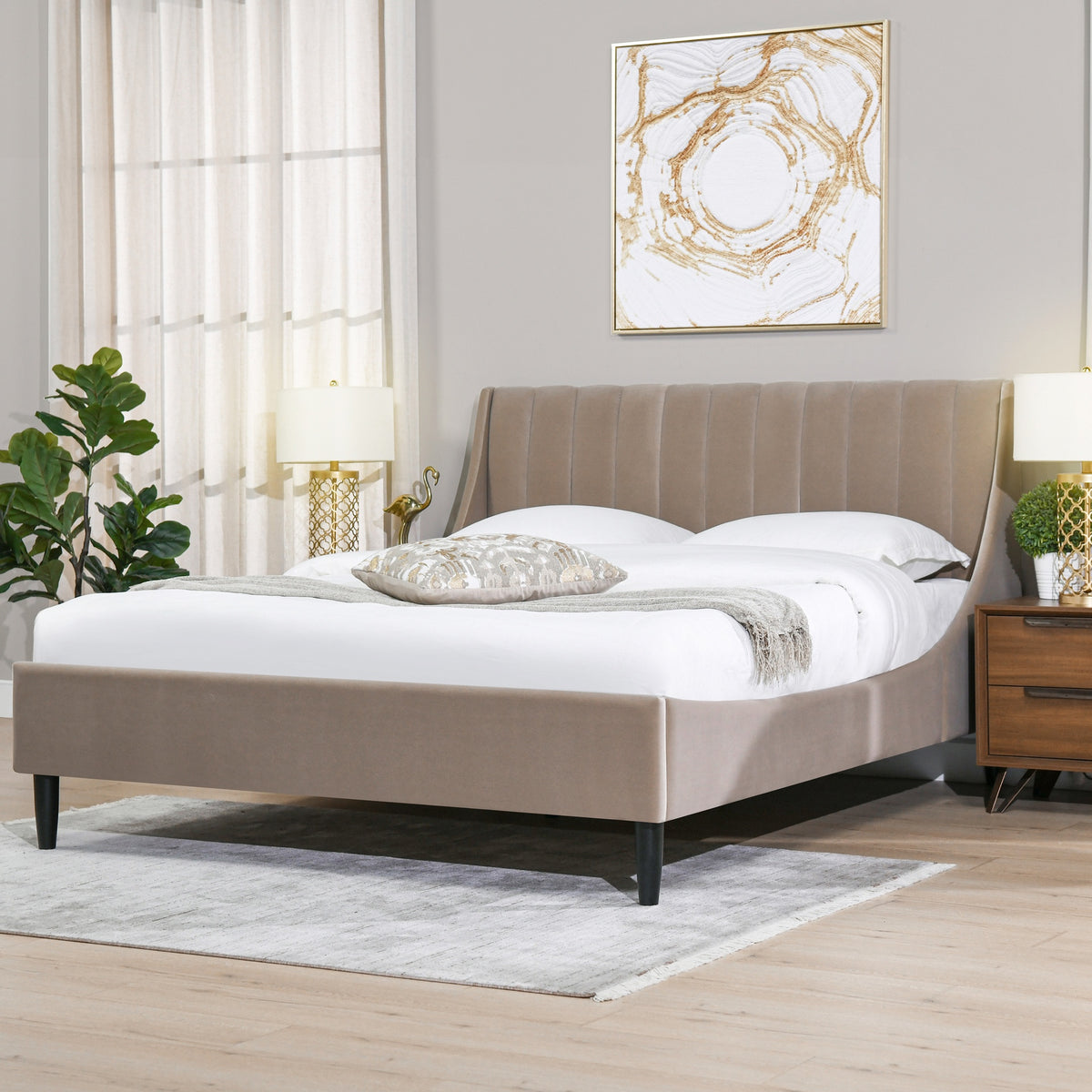 Aspen Vertical Tufted Modern Headboard Platform Bed Set, Queen, Mink Beige Performance Velvet