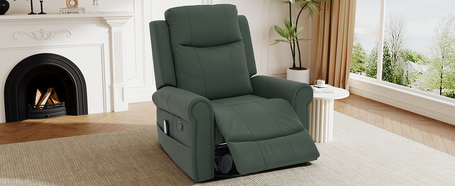 Manual Recliner 270°Swivel Rocker Recliner Chair PU Leather Recliner with Massage and Heating, Dual Reclining Positions and Side Pocket and for Living Room, Bedroom, or Nursery,Green