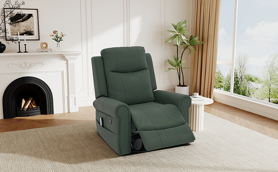 Manual Recliner 270°Swivel Rocker Recliner Chair PU Leather Recliner with Massage and Heating, Dual Reclining Positions and Side Pocket and for Living Room, Bedroom, or Nursery,Green