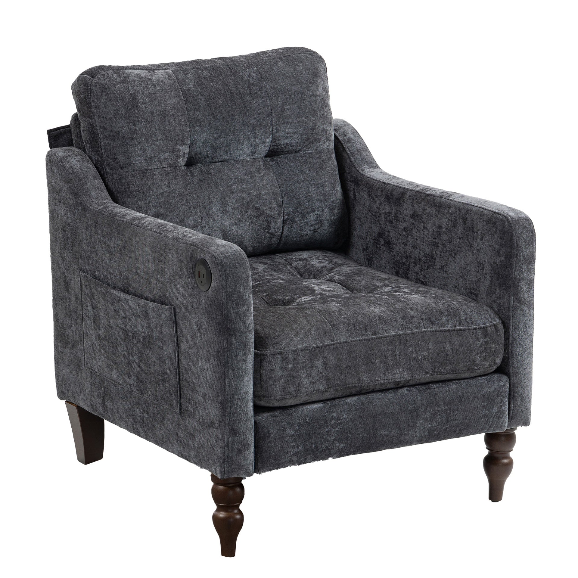 Accent Comfy Chenille Chair w/USB charging port,Mid+,Soft+,High-support Rebound Sponge,Ergonomic Wide Backrest,Retro Wooden Legs, Comfy Upholstered Arm Chair w/Side Storage for Living Room Bedroom.