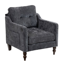 Accent Comfy Chenille Chair w/USB charging port,Mid+,Soft+,High-support Rebound Sponge,Ergonomic Wide Backrest,Retro Wooden Legs, Comfy Upholstered Arm Chair w/Side Storage for Living Room Bedroom.