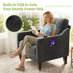 Accent Comfy Chenille Chair w/USB charging port,Mid+,Soft+,High-support Rebound Sponge,Ergonomic Wide Backrest,Retro Wooden Legs, Comfy Upholstered Arm Chair w/Side Storage for Living Room Bedroom.