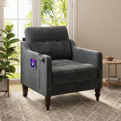 Accent Comfy Chenille Chair w/USB charging port,Mid+,Soft+,High-support Rebound Sponge,Ergonomic Wide Backrest,Retro Wooden Legs, Comfy Upholstered Arm Chair w/Side Storage for Living Room Bedroom.